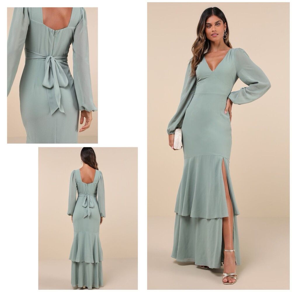 Lulus Tier Elegance Maxi Dress Sage Brush‎ Size XL NWOT - Picture 2 of 12
